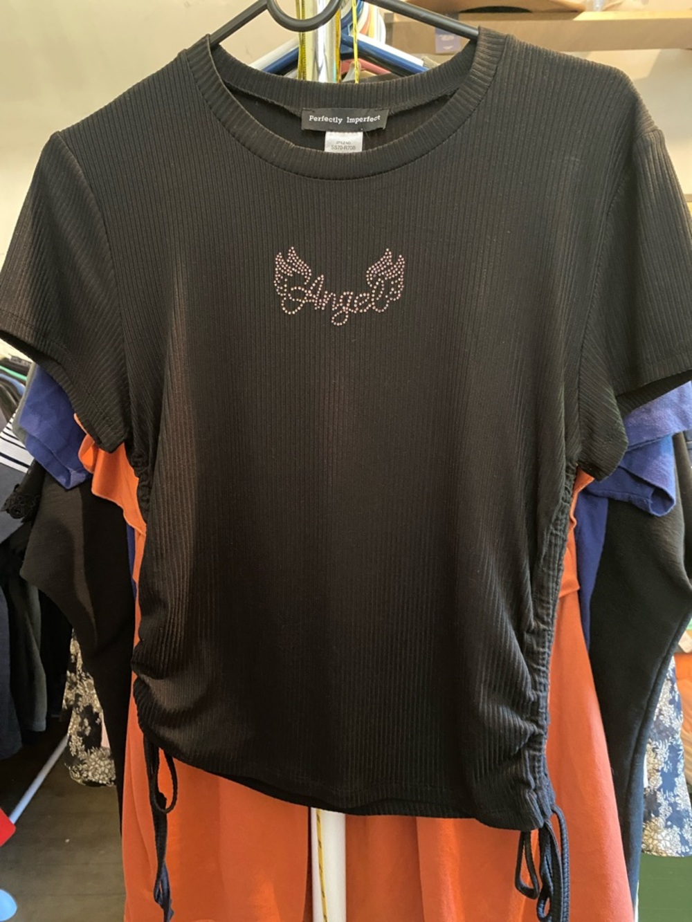 Black ribbed Short Sleeve 'Angel' Tee with Drawstring Sides